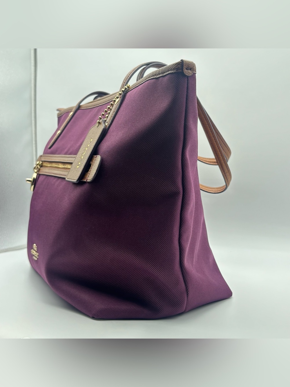 Coach Sawyer Plum Canvas & Leather Tote Bag Gold Hardware Charm F37237 G9075 - Picture 7 of 16